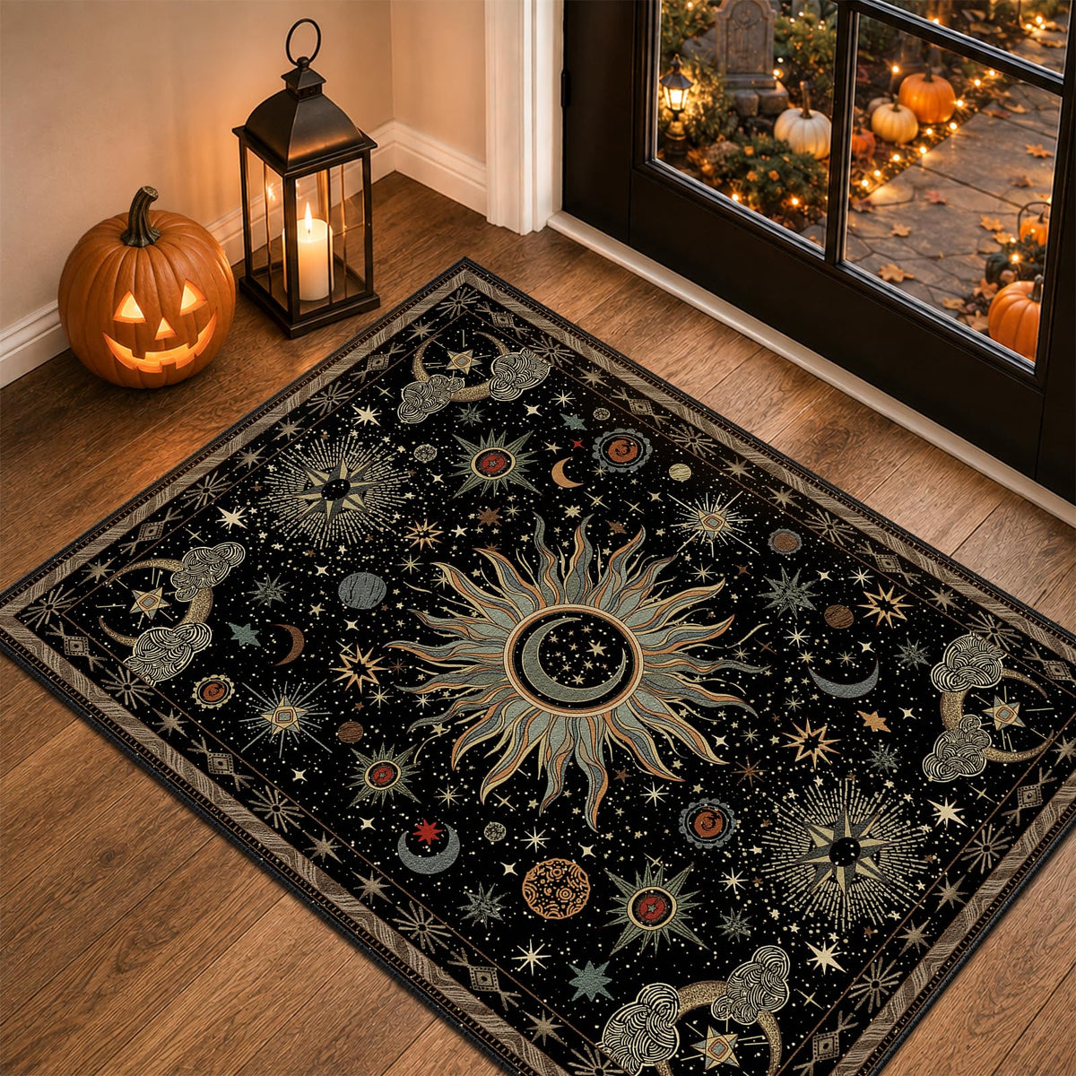 Vacuum-Friendly, 5x7 Washable Area Rug, Black Gold Beige Red