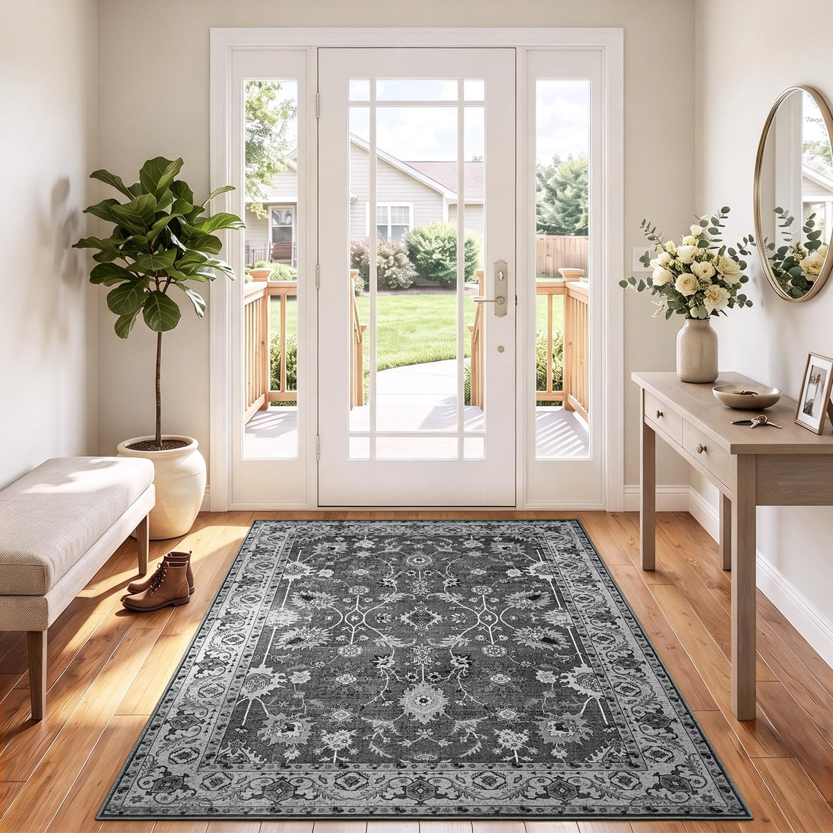 Hanples 5x7 Area Rugs for Living Room, Washable Rug Vintage Floral, Beige