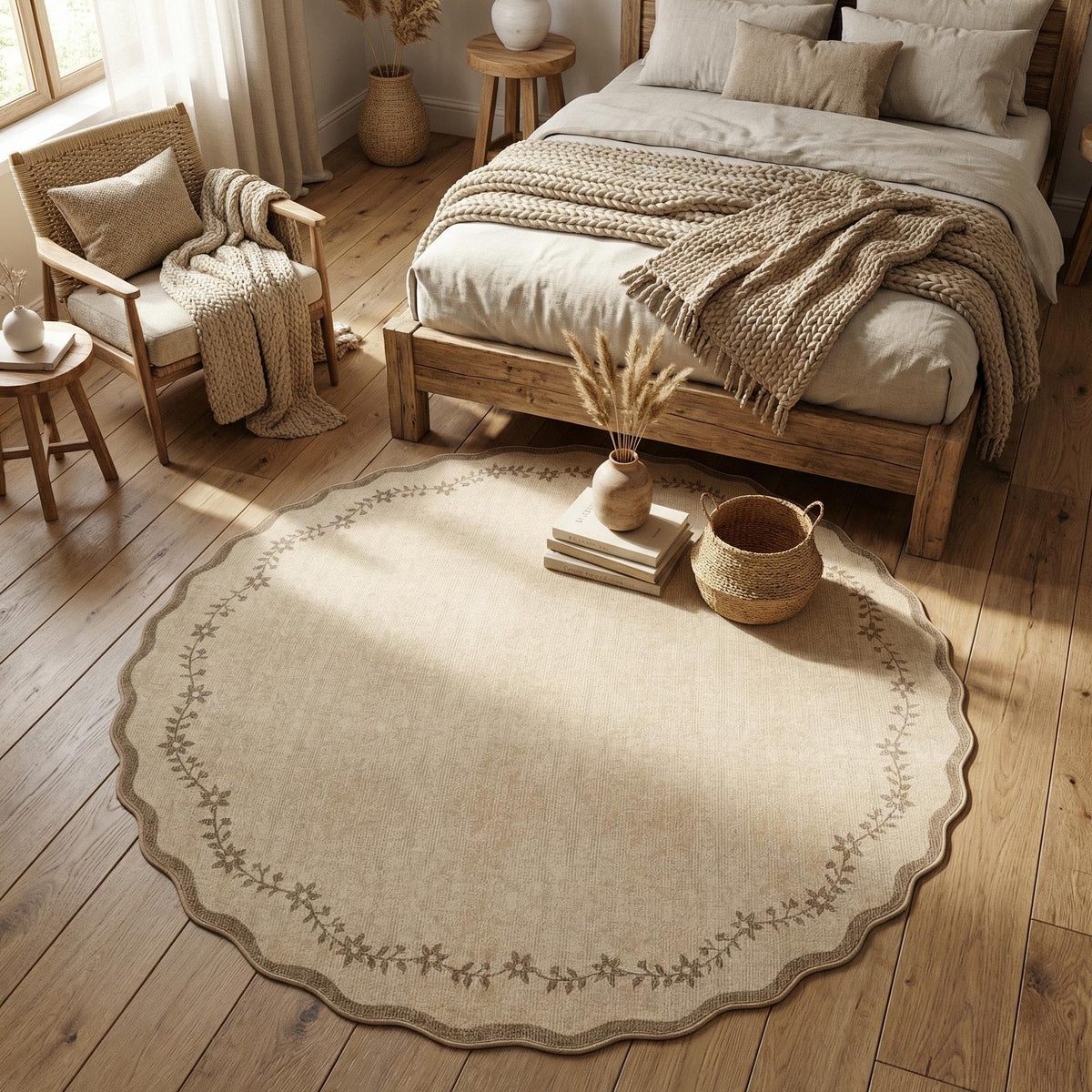 GarveeHome 5x7 Scalloped Area Rug Jute Washable Bedroom Living Room Rug