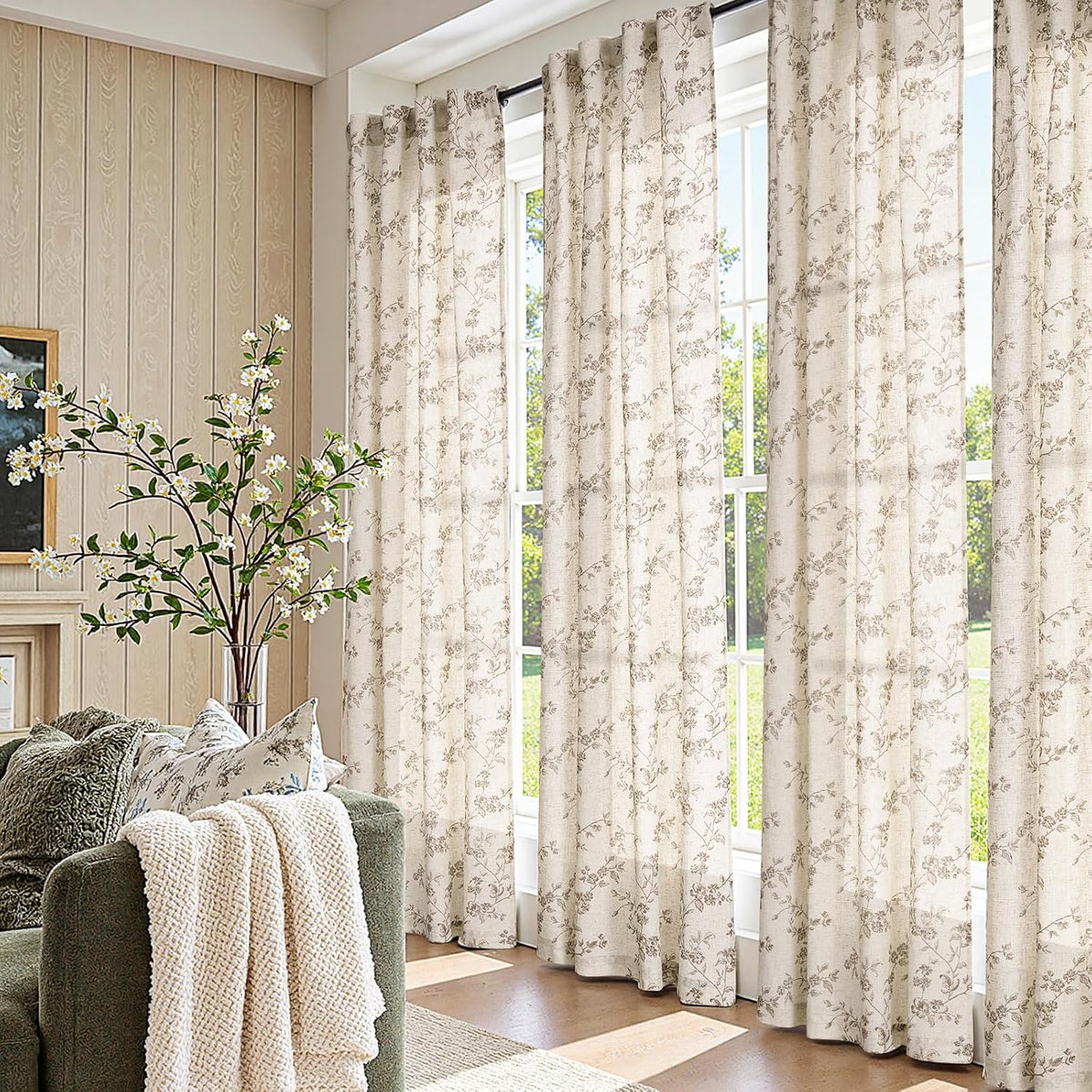 jinchan Taupe Floral Linen Curtains 84 Inch Farmhouse Back Tab 2 Panels