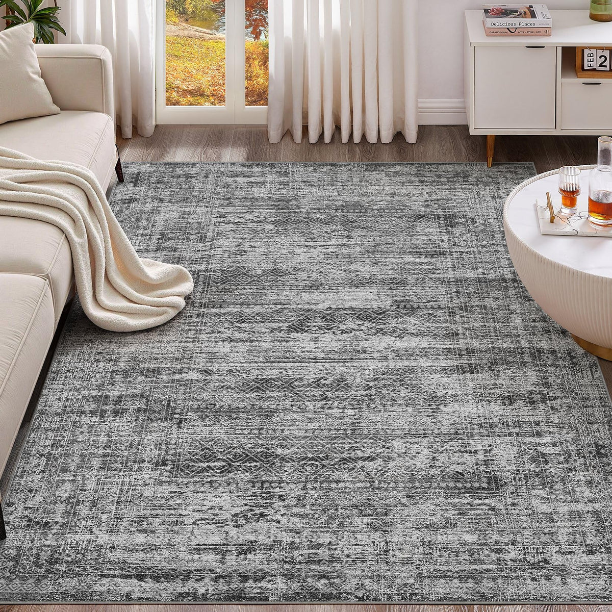 UERMEI 8x10 Area Rug Living Room Rugs - Washable Neutral Modern Abstract Soft Thin Large Rug Indoor Floor No Slip Rug Carpet for Bedroom Under Dining Table Home Office Decor - Brown Grey
