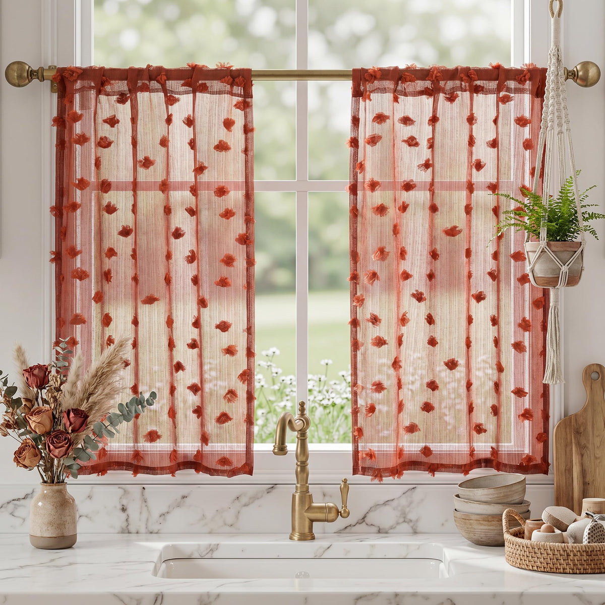 MYSKY HOME Beige Boho Sheer Curtains with Cream Pom Pom 50Wx84L,2 Panels