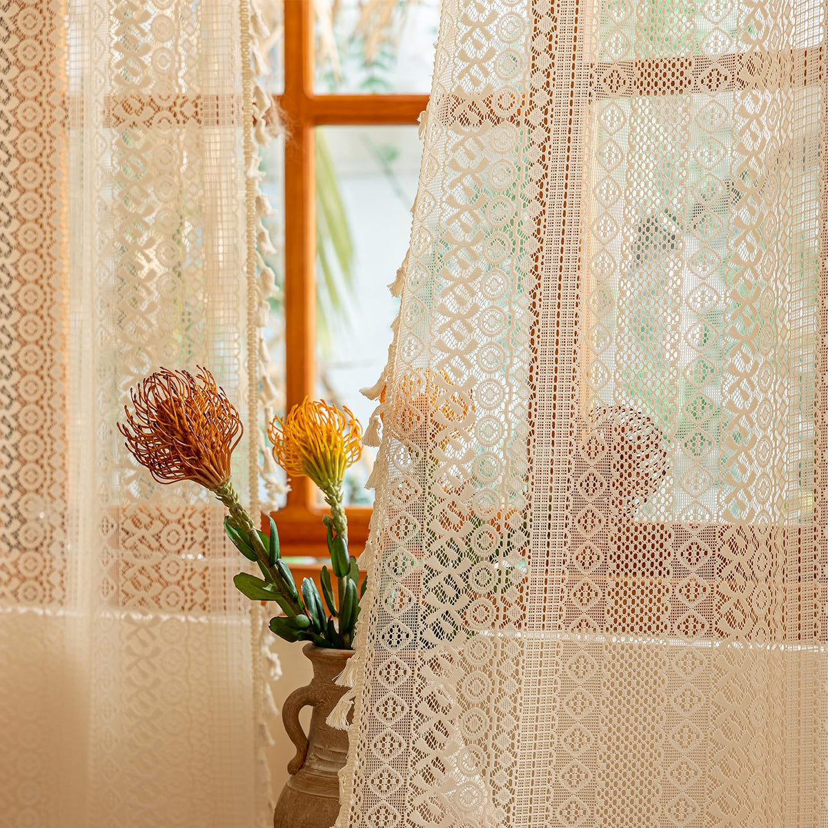 Sutuo Home Terracotta Boho Lace Curtains 2 Panels 84 Inches Long for Living Room&Bedroom, Burnt Orange Crochet Privacy Farmhouse Vintage Tassels Retro Halloween Window Sheer Curtains Rod Pocket,50" W