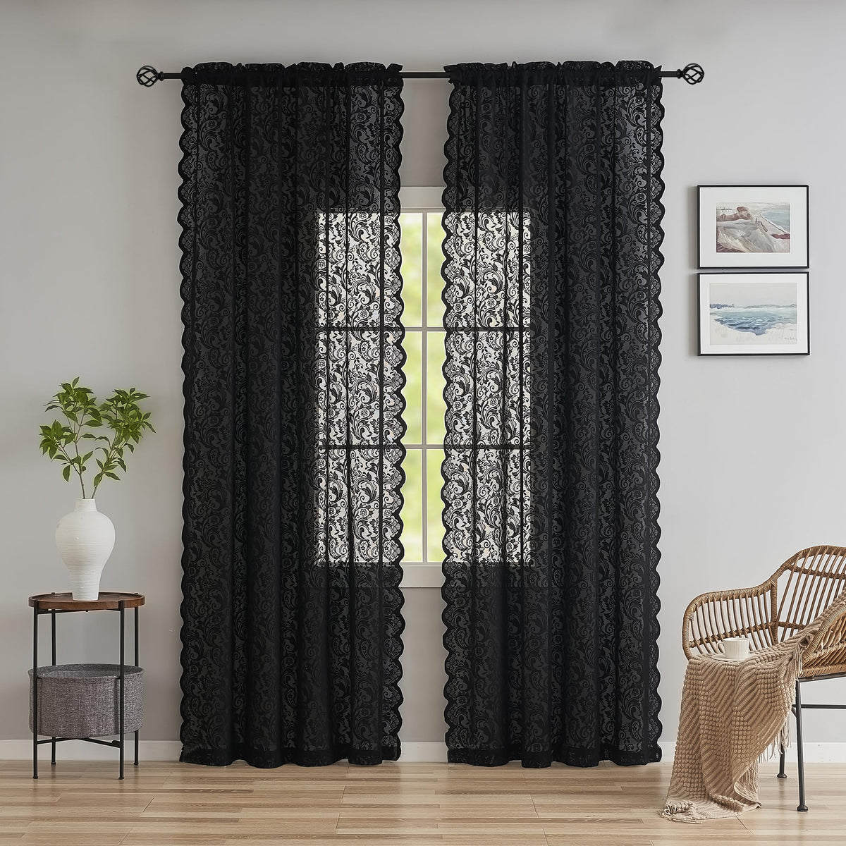 ALIGOGO Black Lace Curtains for Bedroom, Gothic Style, 52W x 63L Inch