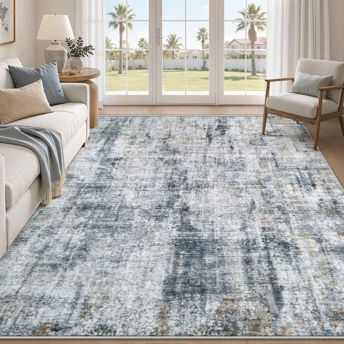 MXSANYOO 8x10 Area Rugs Washable Rug: Abstract Neutral Rugs Modern Non Slip Area Rug Stain Resistant Low Pile Indoor Carpet for Dining Room Bedroom Nursery Office (Black Grey, 8'x10')
