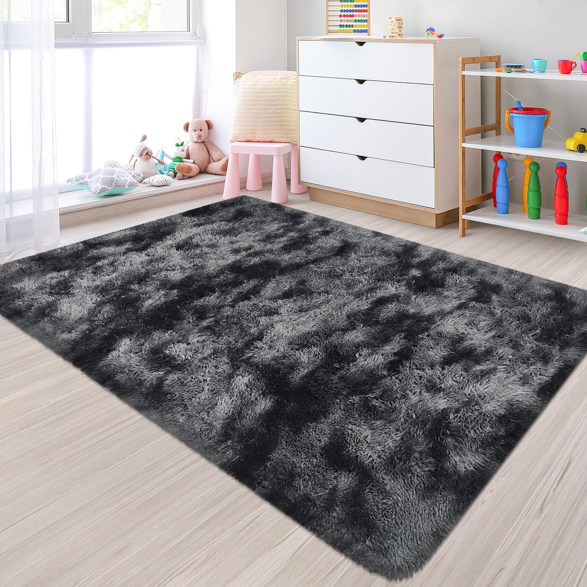 Tie-Dyed Runner Rug for Bedroom Black Grey 2x6ft Fluffy Area Rug Bedside Runner Rug for Kids Room Boys Teens Nursery Baby Living Room Dorm Home Decor Carpets