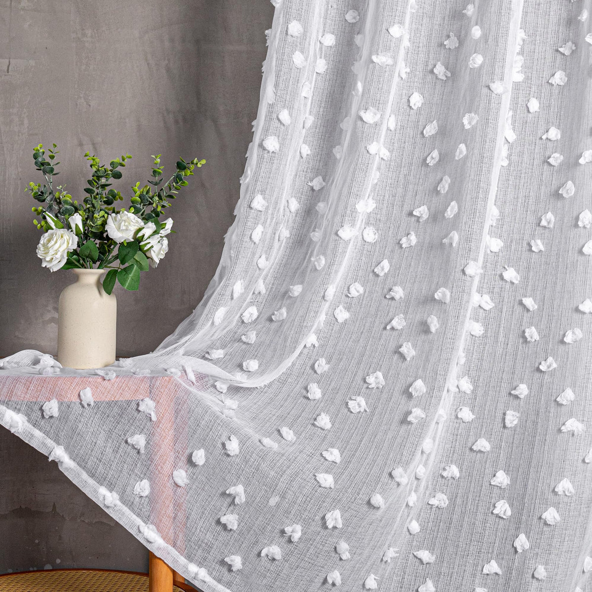 MYSKY HOME Beige Boho Sheer Curtains with Cream Pom Pom 50Wx84L,2 Panels