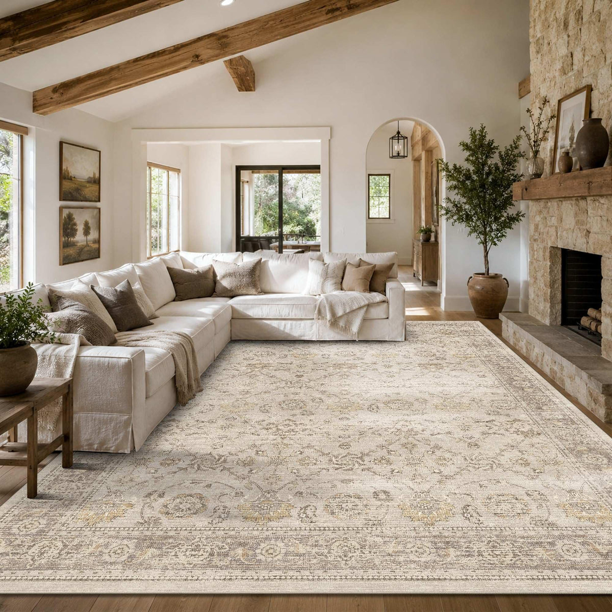8x10 Washable Boho Area Rug, Dark Beige Farmhouse for Living Room