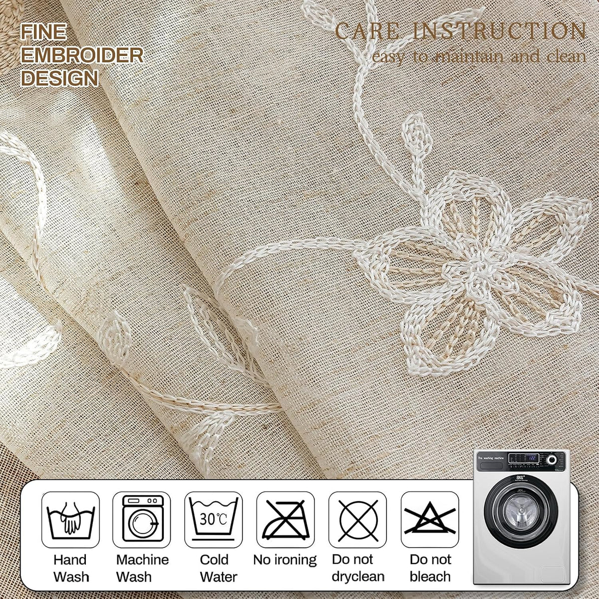 AmHoo 2 Panels Linen Floral Leaf Embroidered Semi Sheer Curtain Farmhouse Voile Curtains for Living Room Bedroom Window Treatment Beige 52 x 84 Inch