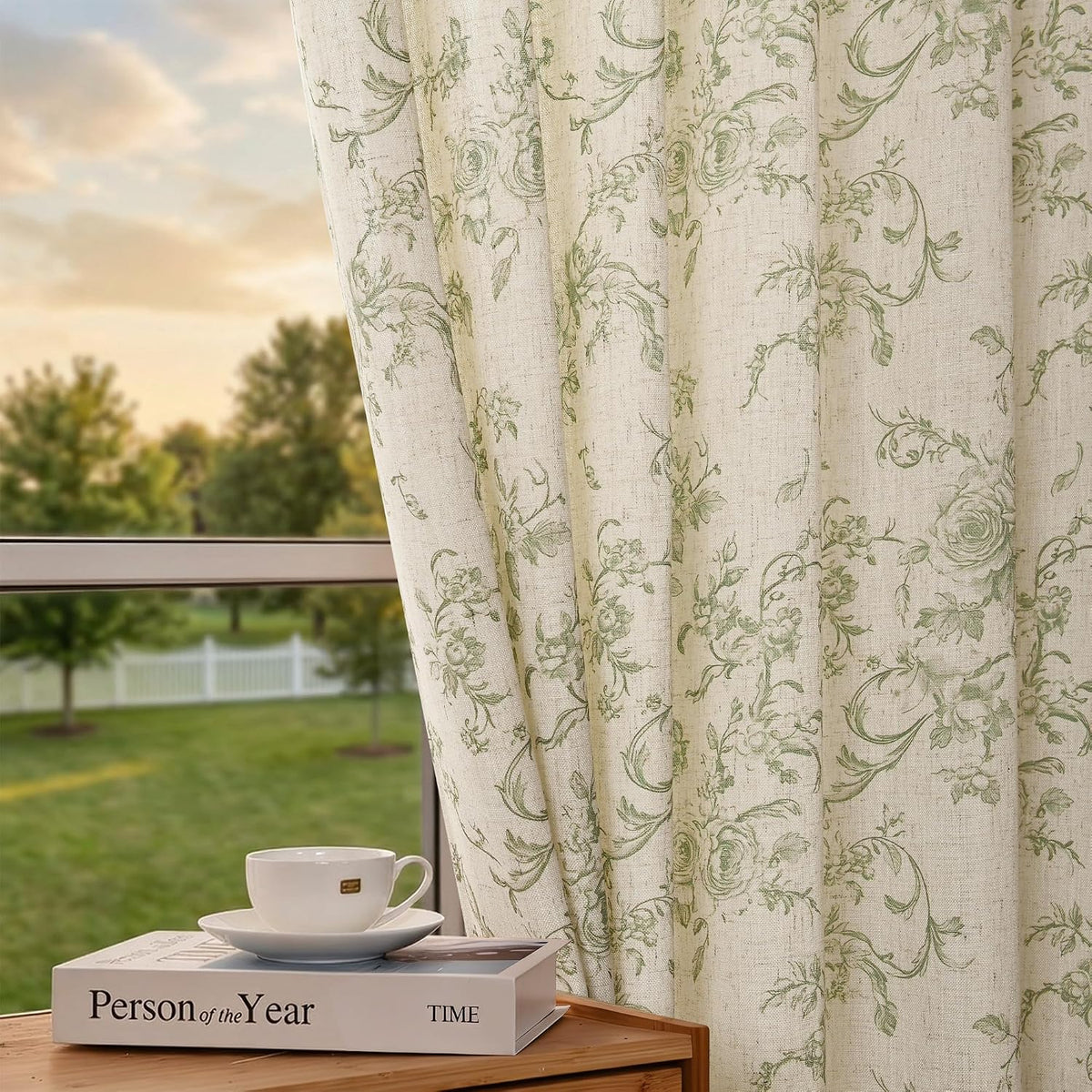 XWZO Linen Floral Curtains Green Flower Patterned Curtains for Living Room