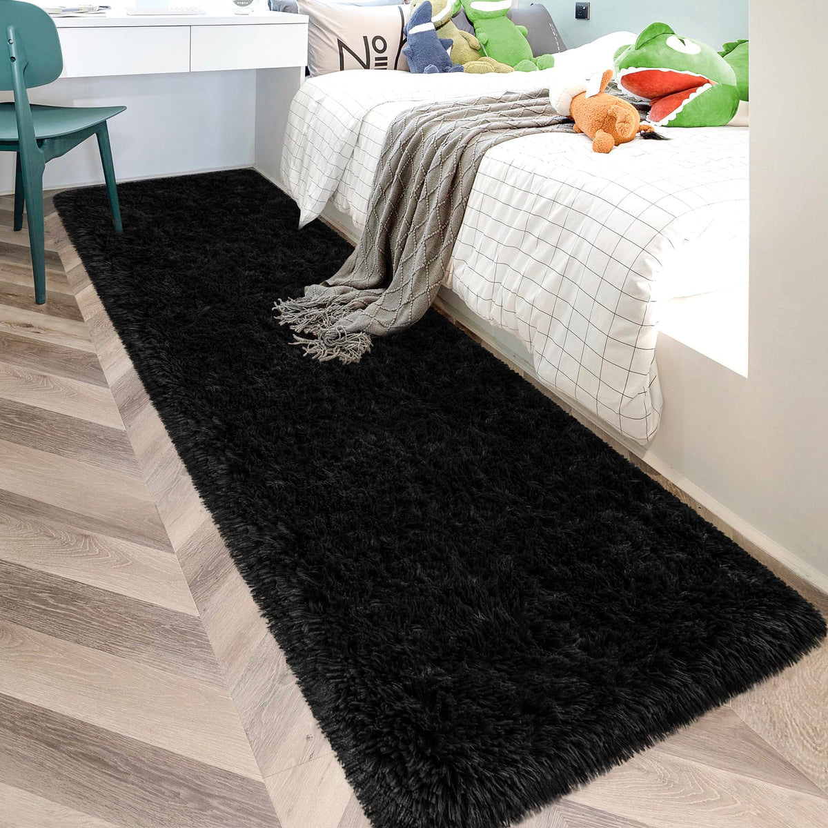 Tie-Dyed Runner Rug for Bedroom Black Grey 2x6ft Fluffy Area Rug Bedside Runner Rug for Kids Room Boys Teens Nursery Baby Living Room Dorm Home Decor Carpets