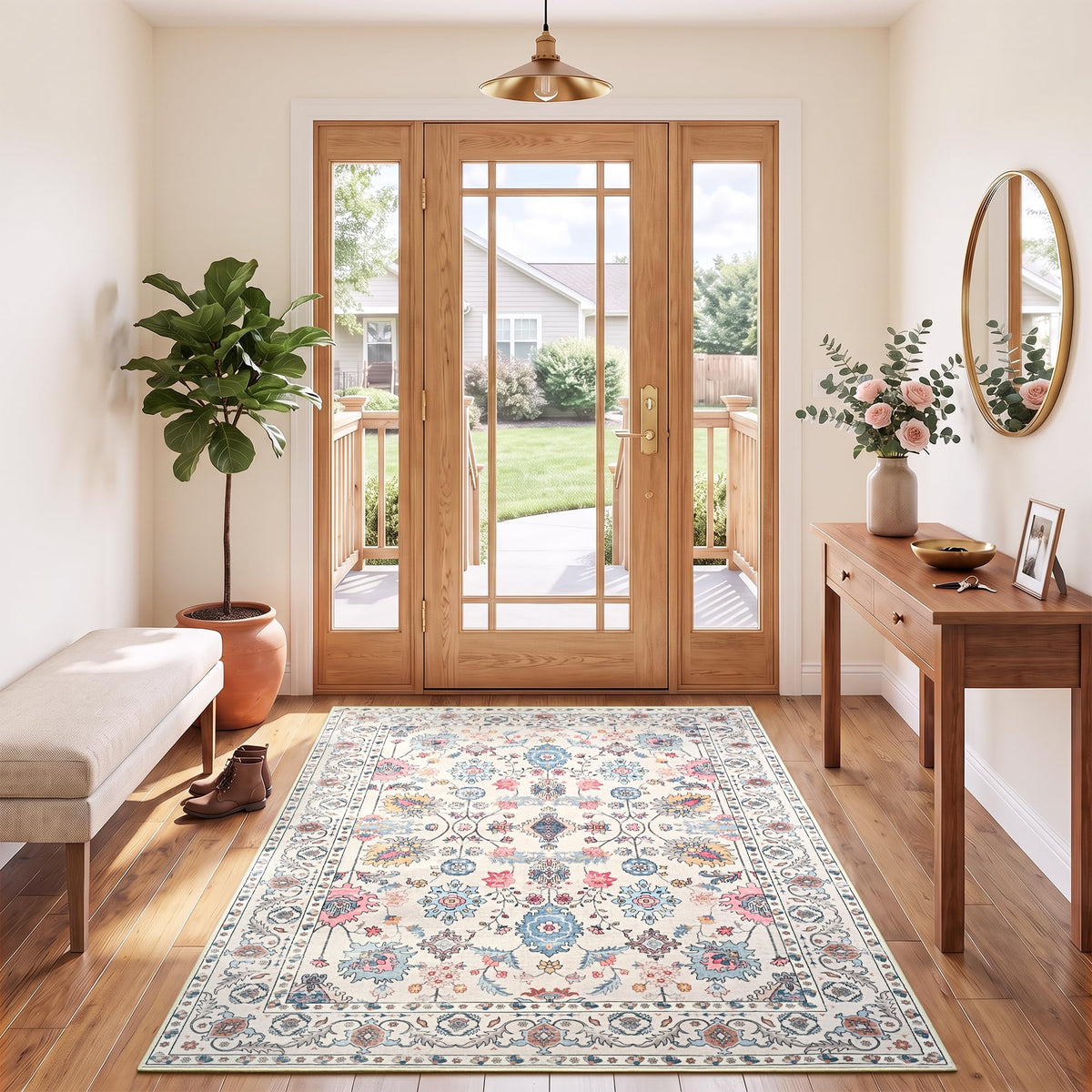 Hanples 5x7 Area Rugs for Living Room, Washable Rug Vintage Floral, Beige