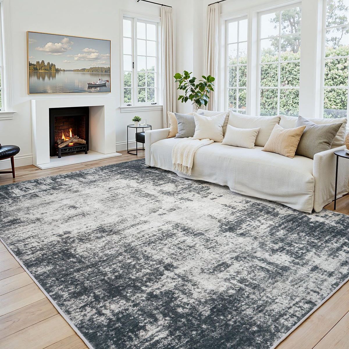8x10 Area Rugs for Living Room: Washable Soft Black Abstract Bedroom Carpet