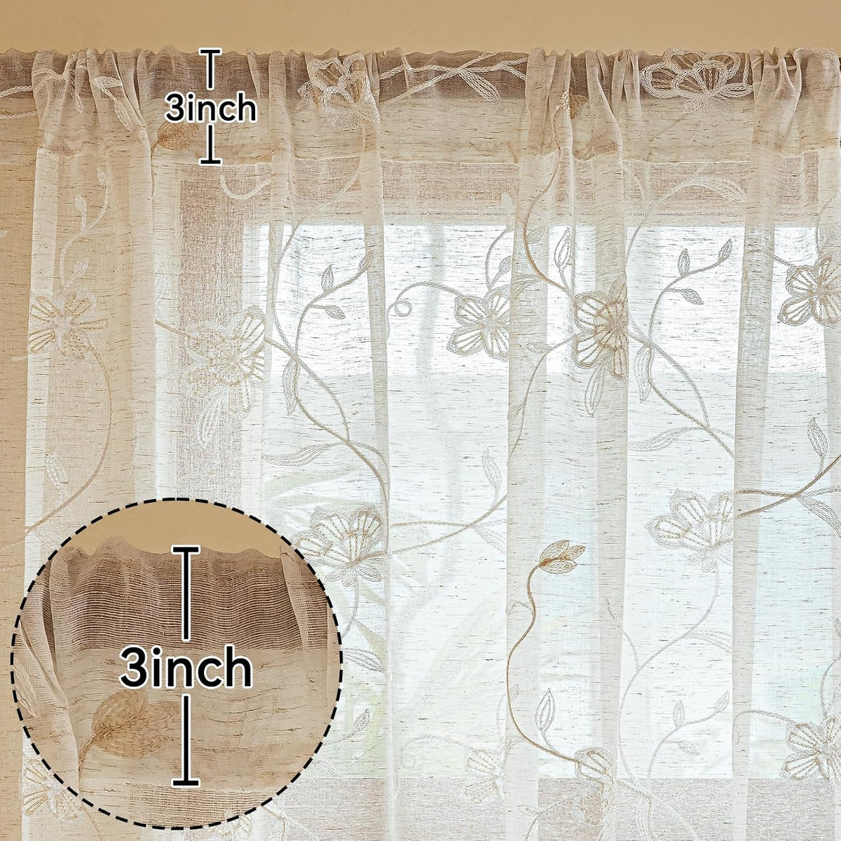 AmHoo 2 Panels Linen Floral Leaf Embroidered Semi Sheer Curtain Farmhouse Voile Curtains for Living Room Bedroom Window Treatment Beige 52 x 84 Inch