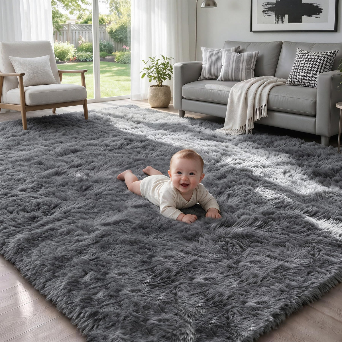 MXSANYOO 8x10 Fluffy Shag Area Rugs for Living Room Bedroom Grey Rug