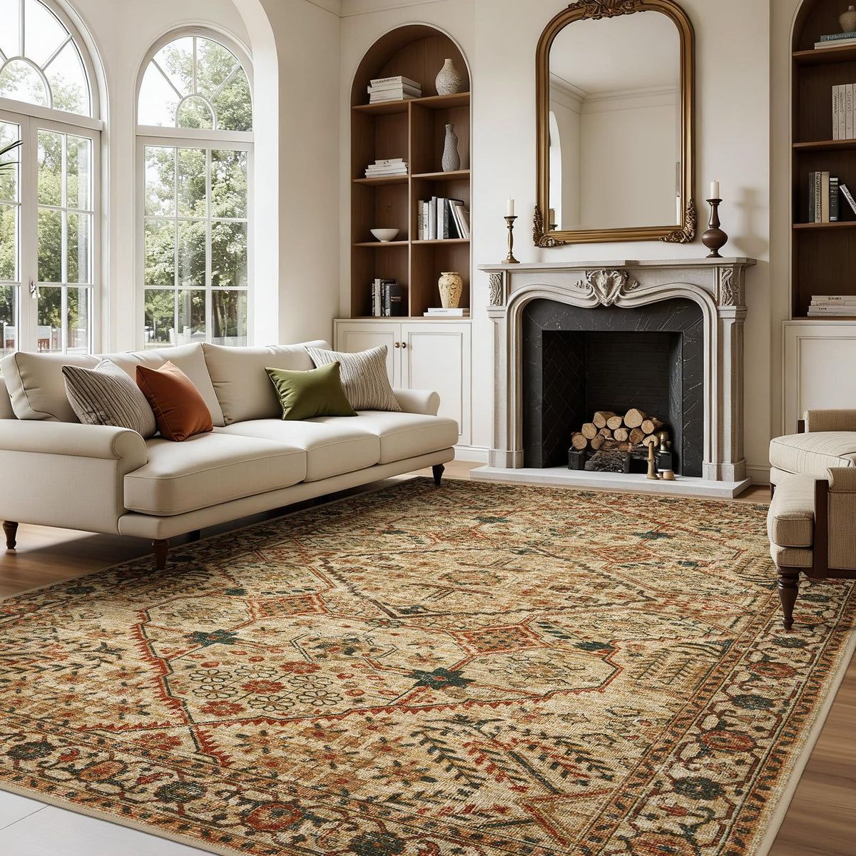 Joydeco Boho Washable Abstract Beige 5x7 Area Rugs for Living Room Bedroom