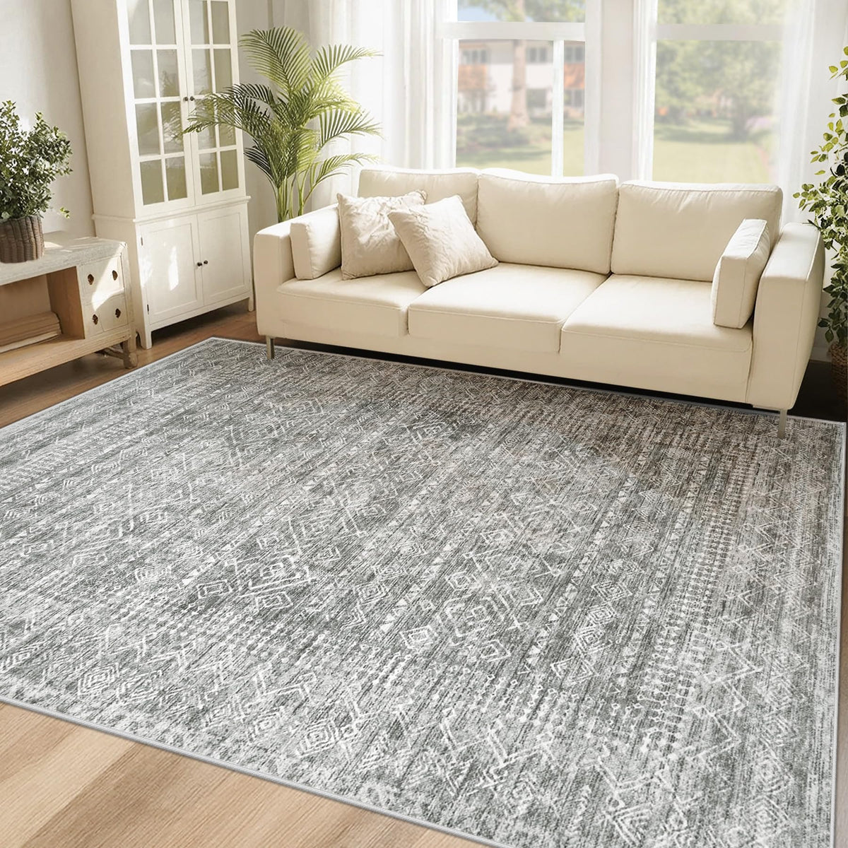 Living Room Rugs 8x10: Washable Moroccan Geometric Boho Rug Farmhouse Non Slip Stain Resistant Large Rug Low Pile Soft Carpet for Bedroom Dining Room Children Room (Beige,8'x10')