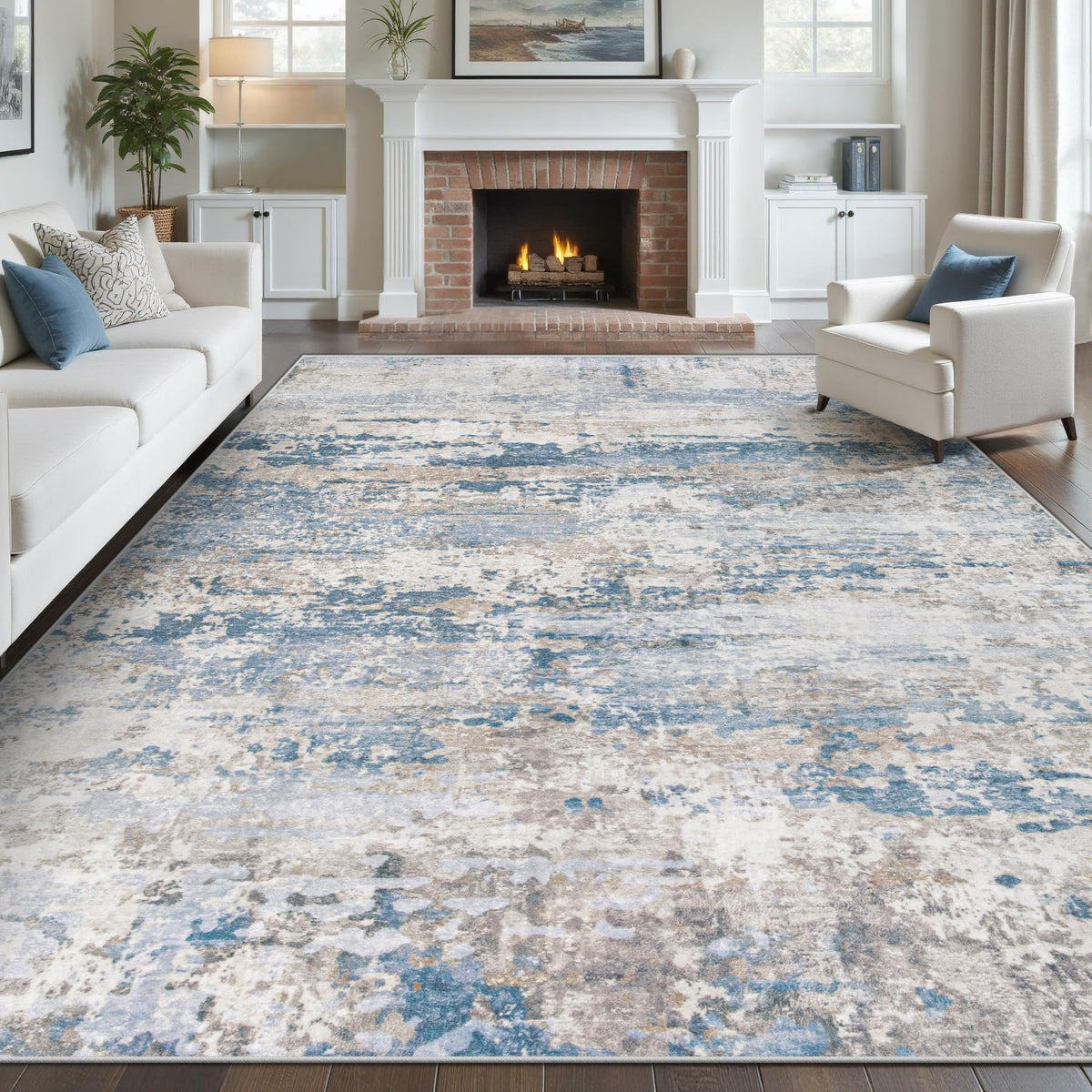pmtsns Area Rugs 8x10 for Living Room: Washable Rug Modern Abstract Neutral Soft Non-Slip Low-Pile Indoor Large Carpet for Bedroom Dining Room Playroom Home Office (Blue Grey Brown, 8'x10')