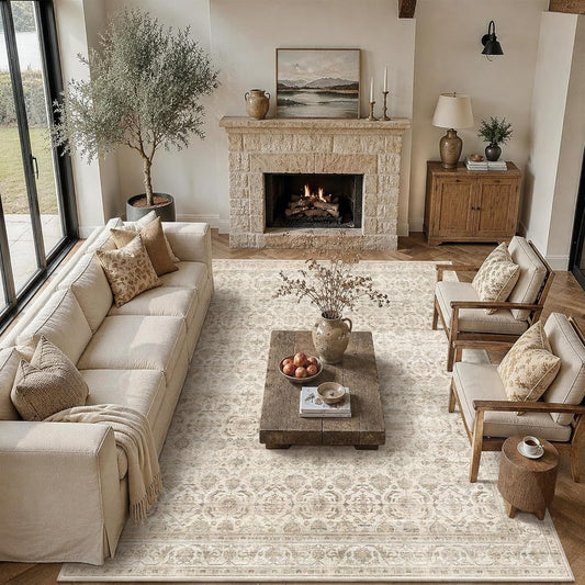 JOOJA 8x10 Beige Vintage Soft Low Pile Boho Neutral Washable Area Rug