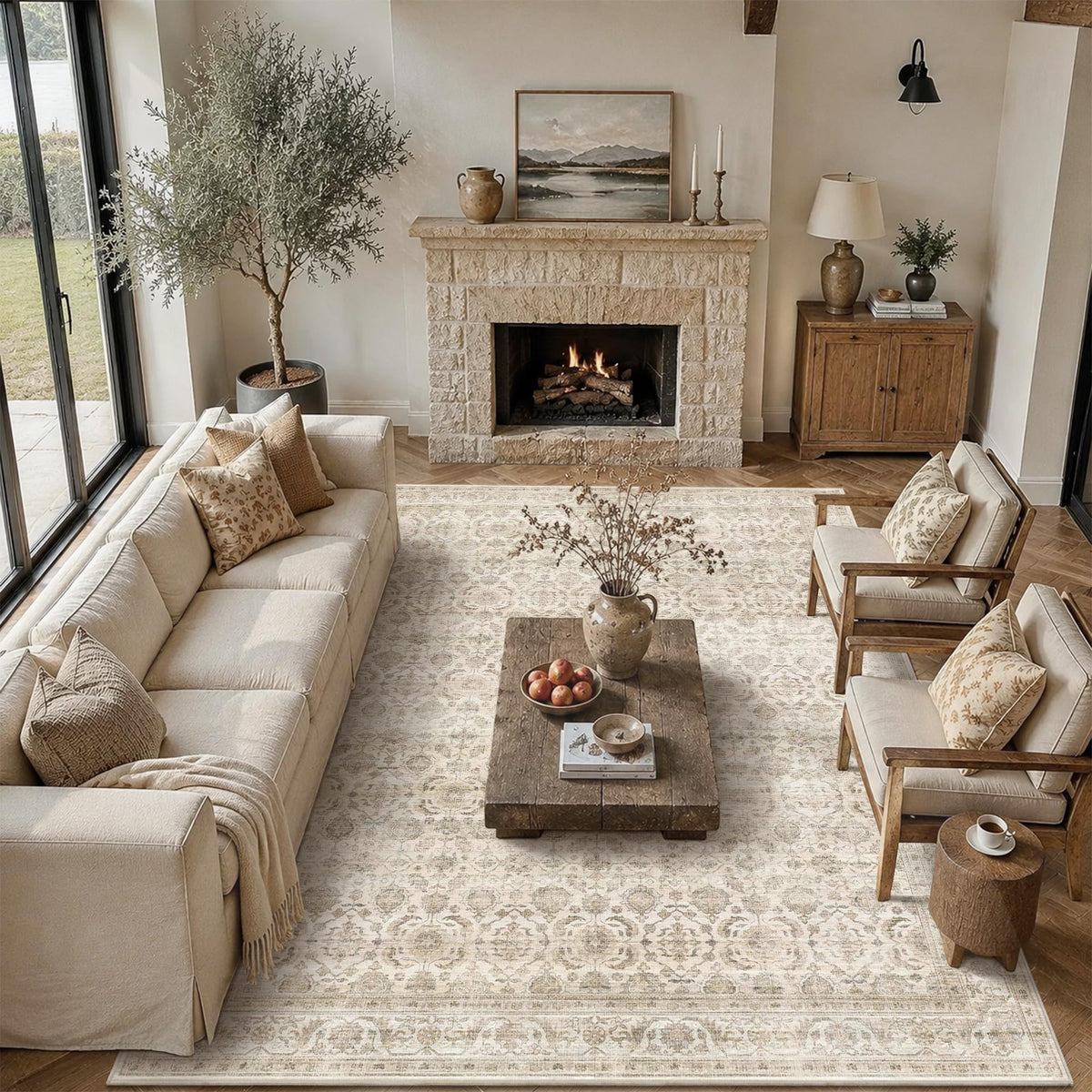 JOOJA 8x10 Beige Vintage Soft Low Pile Boho Neutral Washable Area Rug