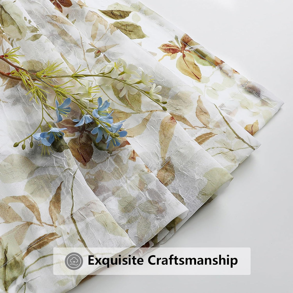 OWENIE Crushed Sheer Curtains 63 Inch Length 2 Panels Set, Sheer Floral Curtians with Printed Leaves Design, Printing Drapes for Living Room, Rod Pocket Light Filtering Window Sheers 42" W x 63" L