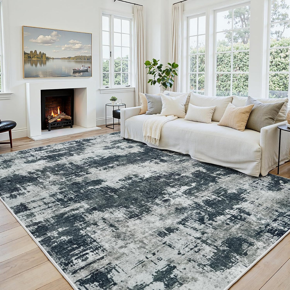 8x10 Area Rugs for Living Room: Washable Soft Black Abstract Bedroom Carpet