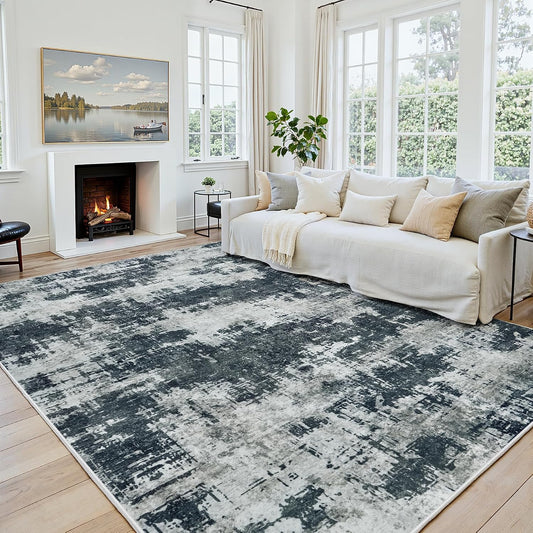 8x10 Area Rugs for Living Room: Washable Soft Black Abstract Bedroom Carpet