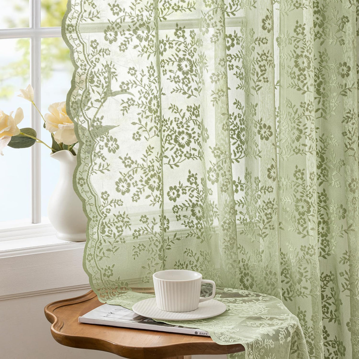 2 Panels Vintage Lace Curtains 63 Inches Length 52 x 63 Inch Ivory