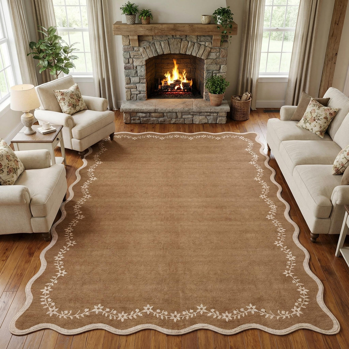 GarveeHome 5x7 Scalloped Area Rug Jute Washable Bedroom Living Room Rug