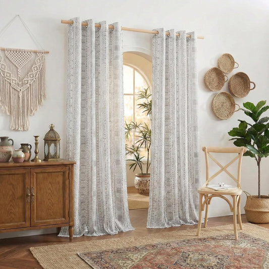 NICETOWN Bohemian Linen Textured Sheer Window Curtains for Bedroom, 95" Long Sweep The Floor Decorative Keep Privacy Semitransparent Elegant Sheer Panels for Villa/Cottage, 2 Pieces, Grey