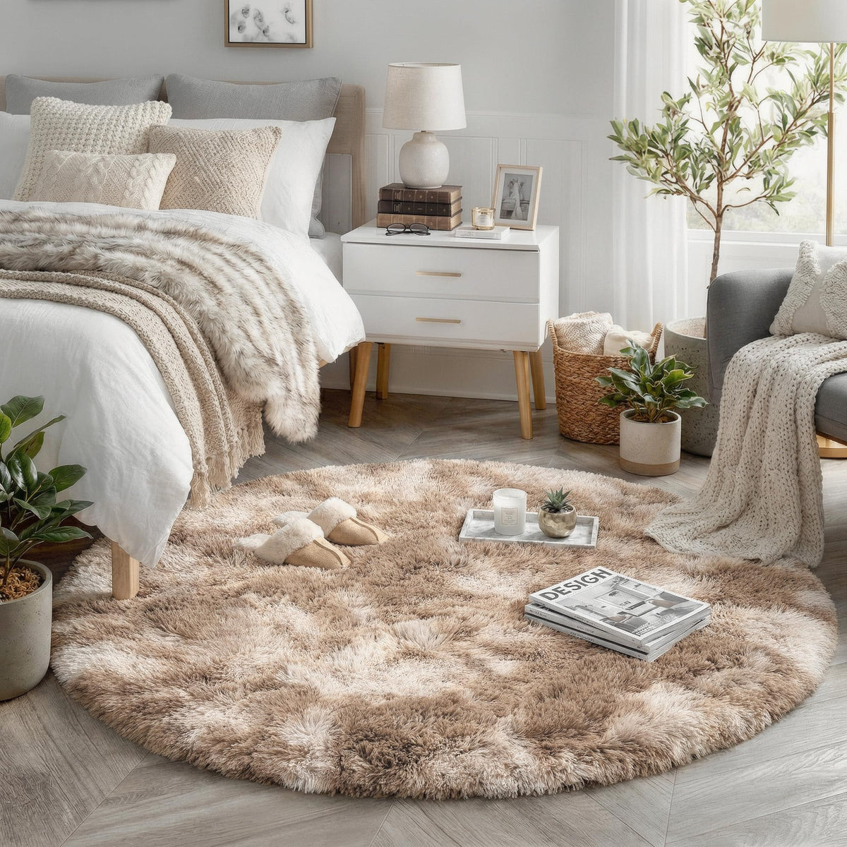 Amdrebio Pink Circle Round Fluffy Area Rug 4Ft for Girls Bedroom Kids Room
