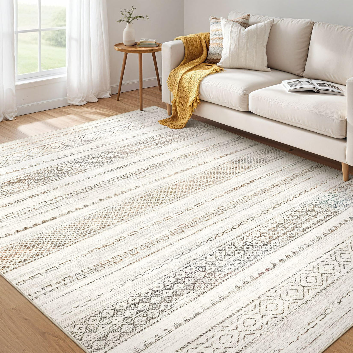 Nakagishi Boho 5x7 Area Rug Living Room Rugs Machine Washable Beige/Brown