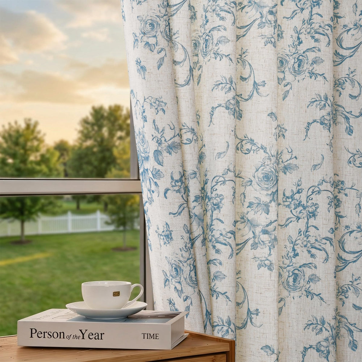 XWZO Linen Floral Curtains Green Flower Patterned Curtains for Living Room