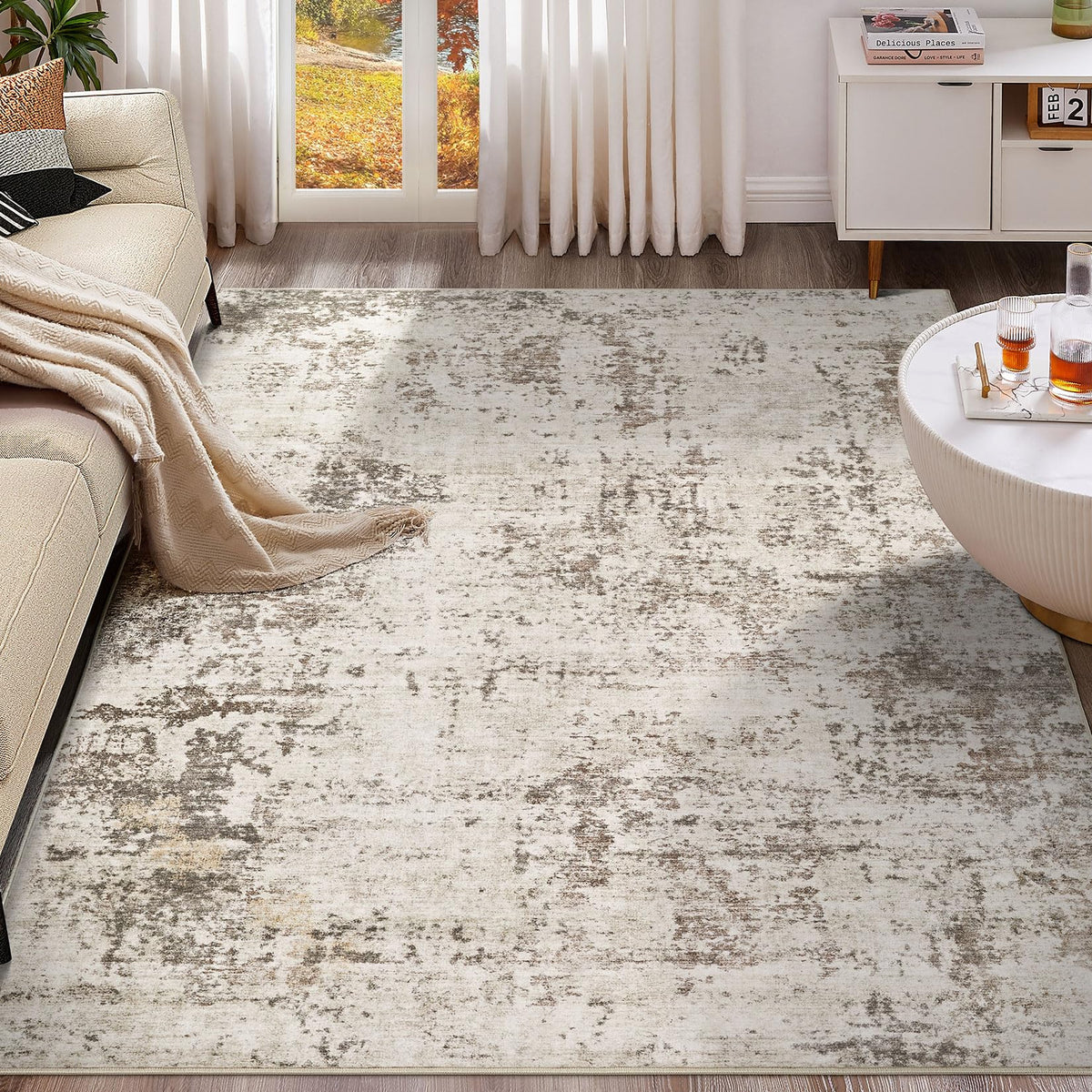 UERMEI 8x10 Area Rug Living Room Rugs - Washable Neutral Modern Abstract Soft Thin Large Rug Indoor Floor No Slip Rug Carpet for Bedroom Under Dining Table Home Office Decor - Brown Grey