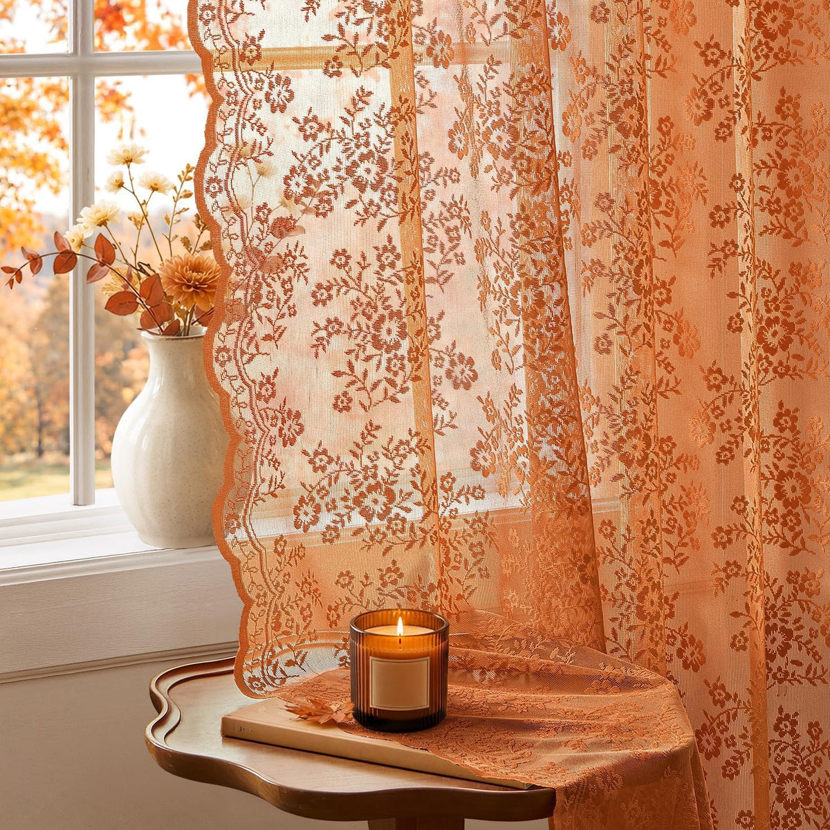 2 Panels Vintage Lace Curtains 63 Inches Length 52 x 63 Inch Ivory