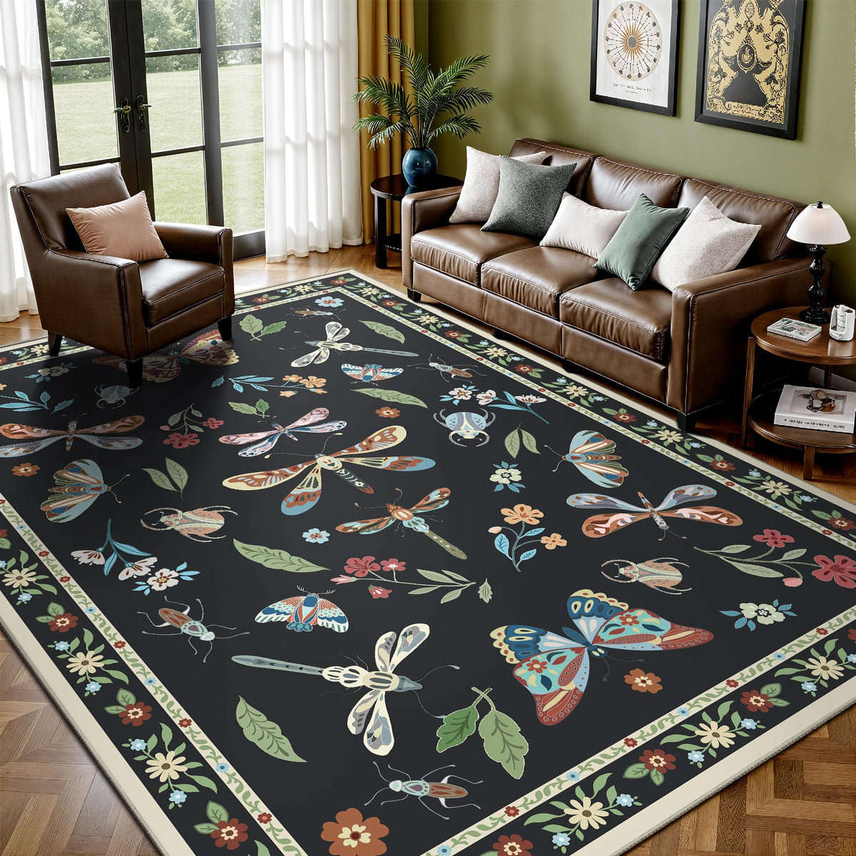 8x10 Area Rugs, Machine Washable Low Pile Floral Rugs for Living Room, Bedroom, Large Boho Area Rug with Non-Slip Backing for Dining Room(Pink Floral)