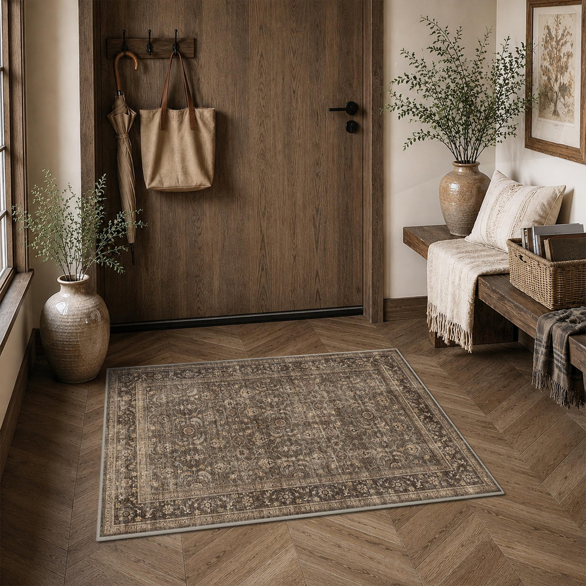 JOOJA 8x10 Beige Vintage Soft Low Pile Boho Neutral Washable Area Rug