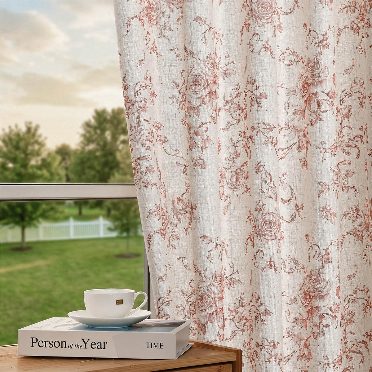 XWZO Linen Floral Curtains Green Flower Patterned Curtains for Living Room