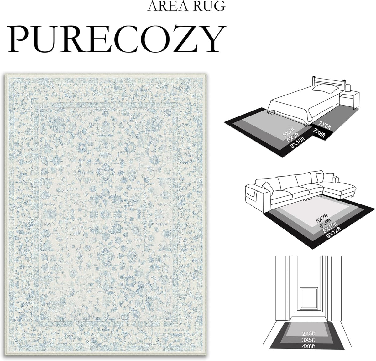 PureCozy 8x10 Blue Area Rug Washable Non Slip Large Vintage Living Room