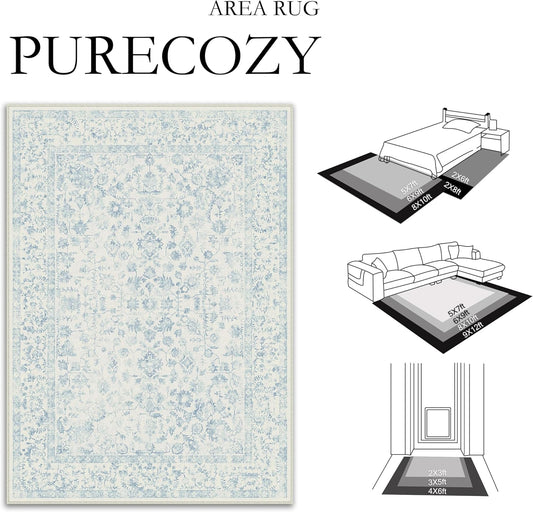 PureCozy 8x10 Blue Area Rug Washable Non Slip Large Vintage Living Room
