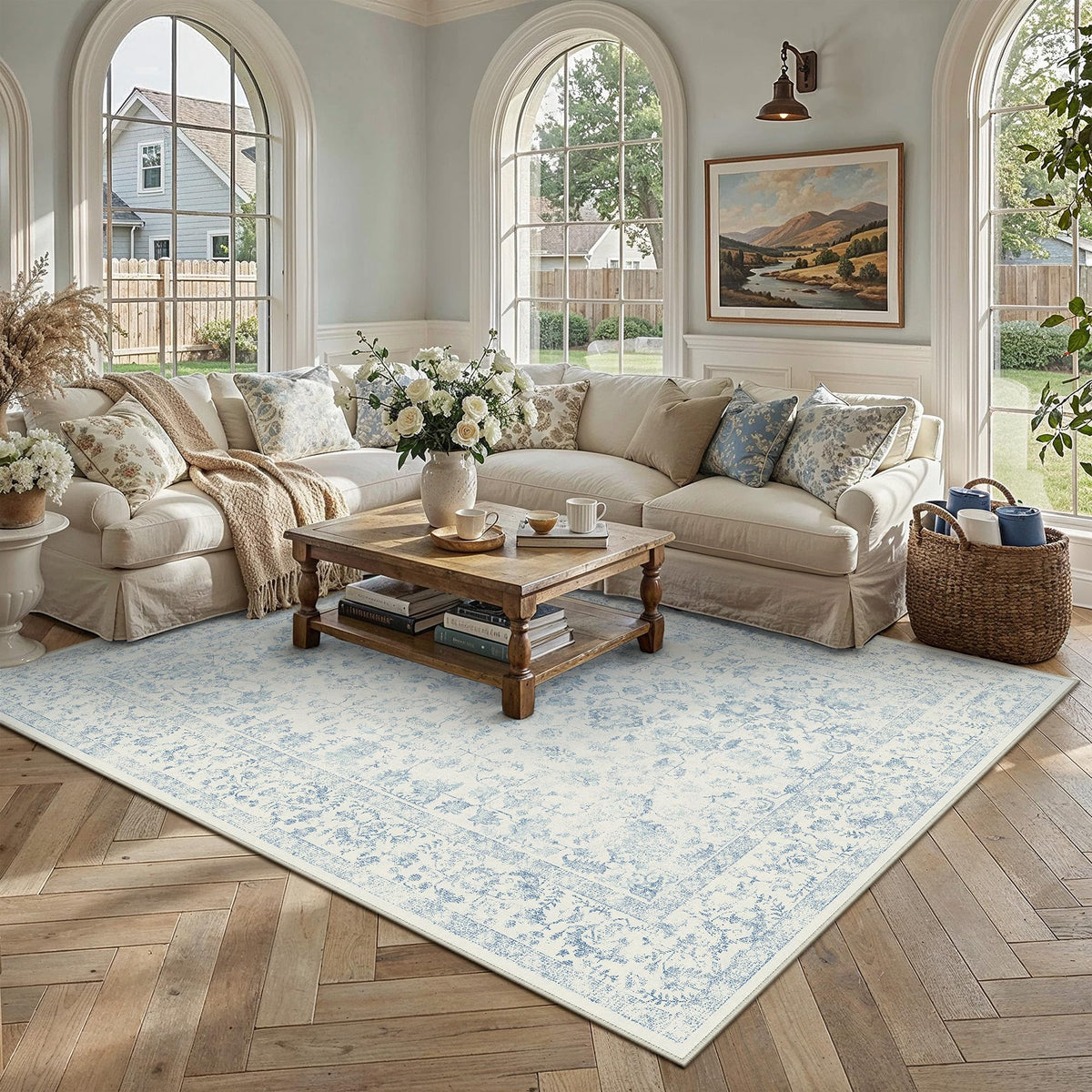 PureCozy 8x10 Blue Area Rug Washable Non Slip Large Vintage Living Room
