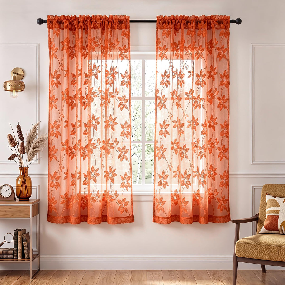 DWCN White Sheer Curtains - Short Curtains Floral Lace Design Rod Pocket Window Voile Sheer Drapes for Bedroom Kitchen Small Window 42 x 54 inch Length, 2 Panels White