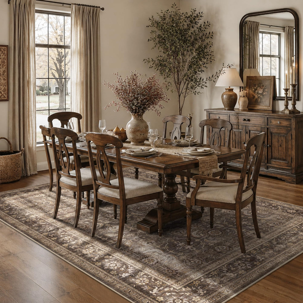 JOOJA 8x10 Beige Vintage Soft Low Pile Boho Neutral Washable Area Rug
