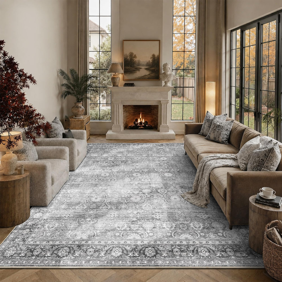 JOOJA 8x10 Beige Vintage Soft Low Pile Boho Neutral Washable Area Rug