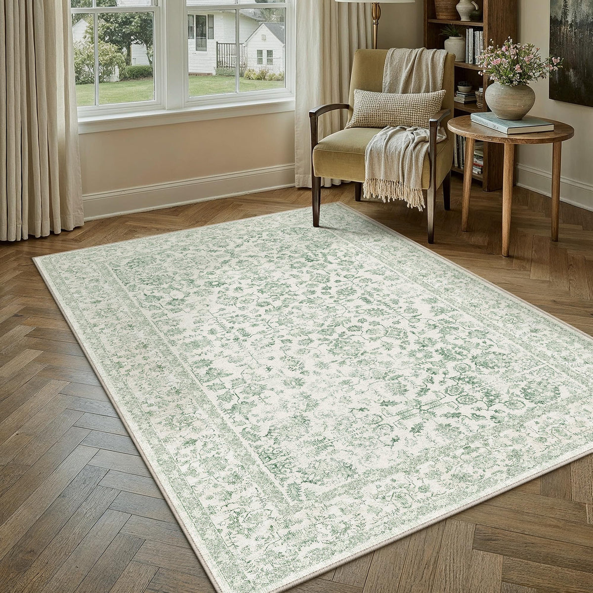 PureCozy 8x10 Blue Area Rug Washable Non Slip Large Vintage Living Room