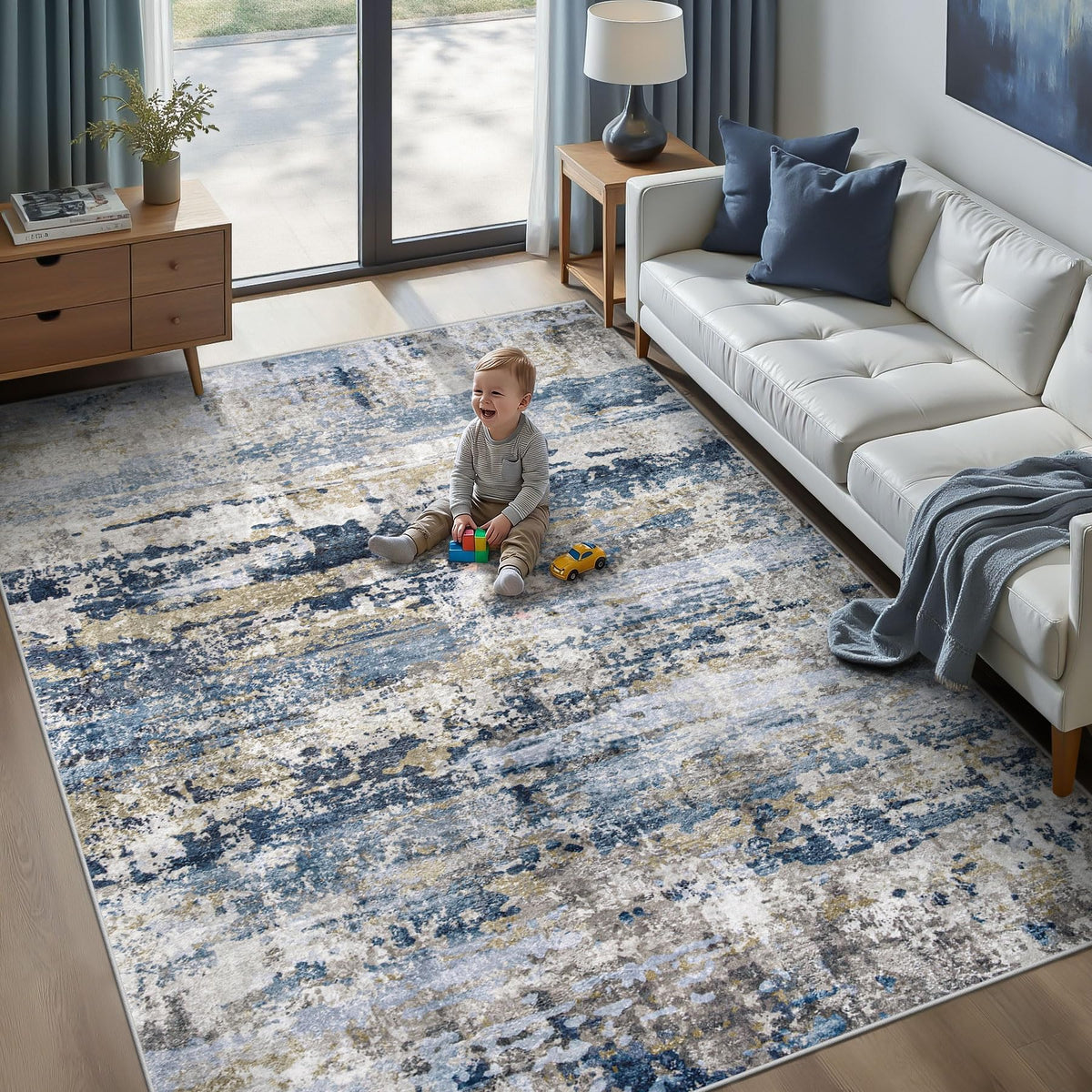 pmtsns Area Rugs 8x10 for Living Room: Washable Rug Modern Abstract Neutral Soft Non-Slip Low-Pile Indoor Large Carpet for Bedroom Dining Room Playroom Home Office (Blue Grey Brown, 8'x10')