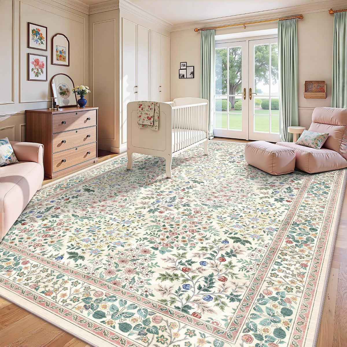 8x10 Area Rugs, Machine Washable Low Pile Floral Rugs for Living Room, Bedroom, Large Boho Area Rug with Non-Slip Backing for Dining Room(Pink Floral)