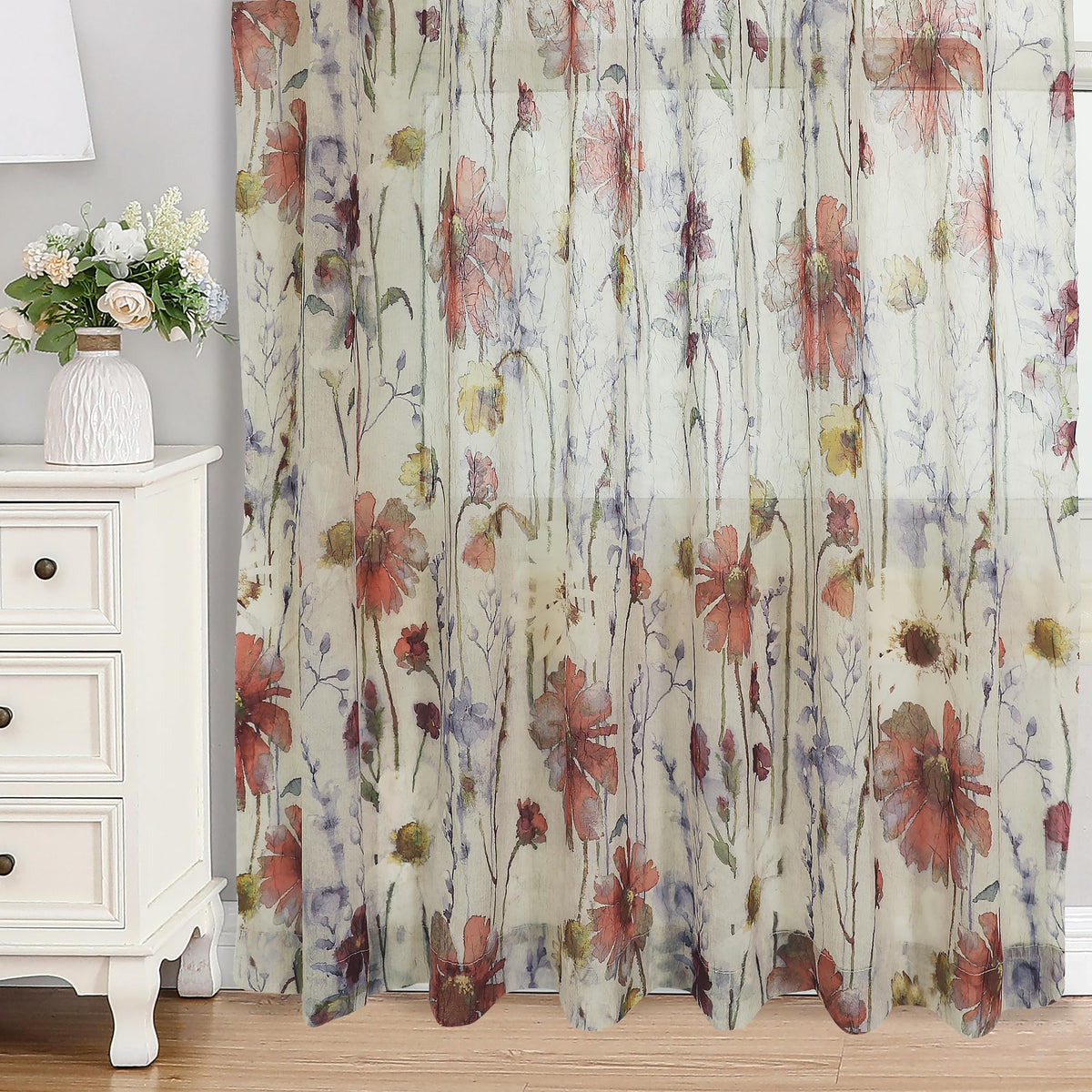 OWENIE Crushed Semi Sheer Curtains 72 Inches Length 2 Panels, Floral Pattern Design Rod Pocket Light Filtering Farmhouse Curtains for Bedroom Living Room, 2 Pieces Total 84 Inch Wide, 72 inch Long