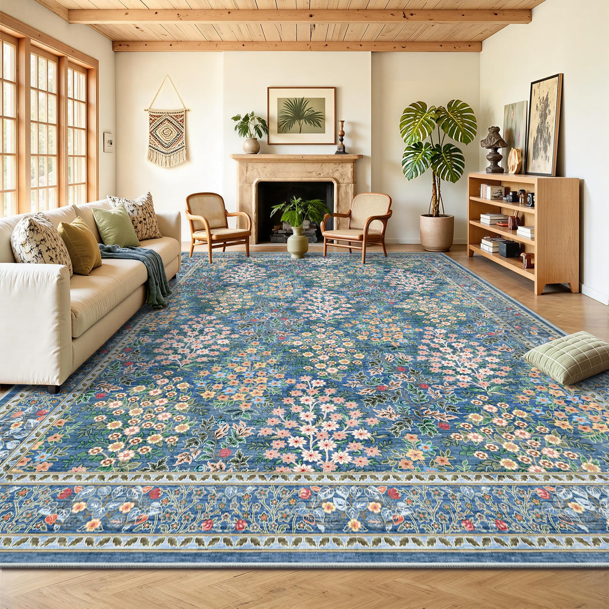 8x10 Area Rugs, Machine Washable Low Pile Floral Rugs for Living Room, Bedroom, Large Boho Area Rug with Non-Slip Backing for Dining Room(Pink Floral)