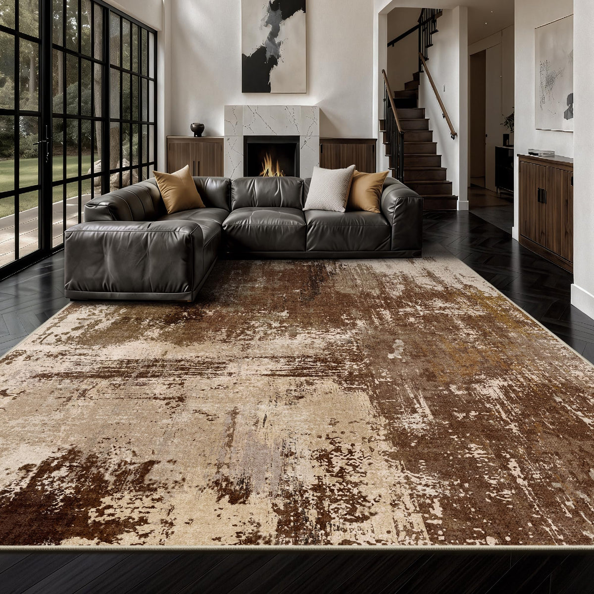 8x10 Rugs for Living Room - Modern Abstract Low Pile Washable Rug, Ultra Soft Non Slip Large Rugs, Floor Carpet for Bedroom Dining Room Office Laundry Nursery Home(Brown)